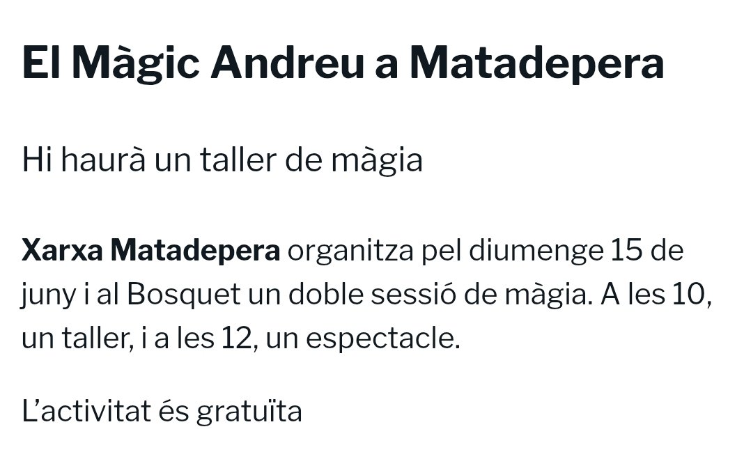 Avui al #MTDNoticies entrevistem a <a href="/annapinol_beta/">Anna Piñol i Serra</a> , representant de <a href="/ERCMatadepera/">ERC Matadepera</a> i regidora . Farà balanç dels dos anys .
També ens visitarà Màgic Andreu 🎩🪄 que farà un taller de màgia gratuït al Bosquet aquest cap de setmana.
matadeperaradio.cat/news/anna-pino…
Tot i més a les 20h🕗!
