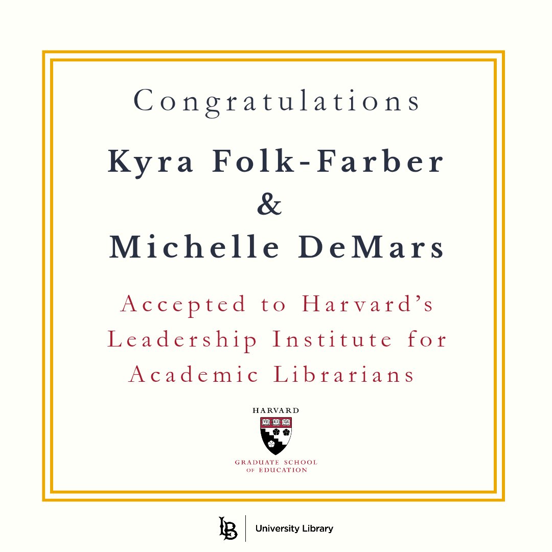 Congratulations to Associate Dean Kyra Folk-Farber and librarian Michelle DeMars on being accepted to Harvard's Leadership Institute for Academic Librarians! We're proud to see CSULB represented at this prestigious program.

#CSULBLibrary #GoBeach #HarvardLeadershipInstitute