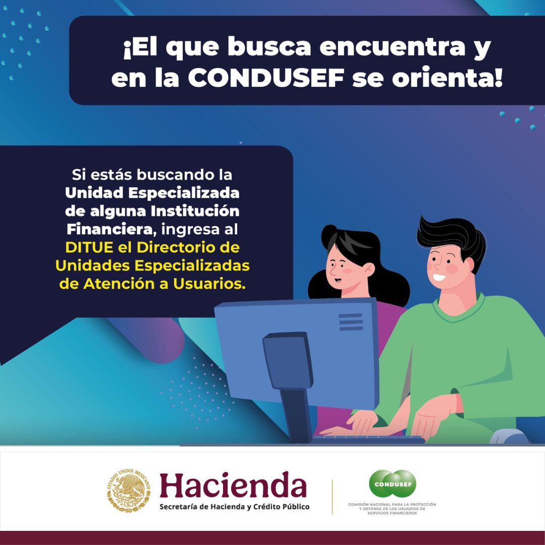 CondusefMX's tweet photo. 🔍 ¿Necesitas contactar a la Unidad de Atención a Usuarios #UNE de tu institución financiera?
¡Búscala fácil y rápido en el #DITUE! 🧭
Sigue estos pasos 👉
https://t.co/HtM6y9p6Ib https://t.co/11jmTFaKpZ