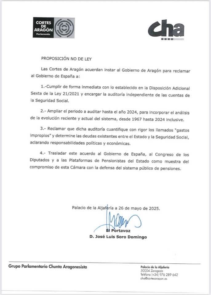 *Aprobada hoy 12/06/25 por Mayoría la PNL pro AUDITORÍA en las Cortes de Aragón*
Presentada por Chunta, apoyada por Podemos,IU,Psoe, Aragón Existe, Par y PP. Excepto Vox.