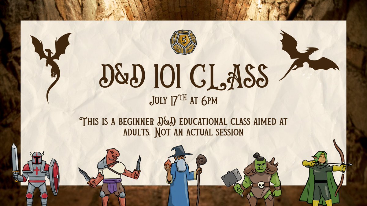 ElDoradoLibrary's tweet image. We are excited to announce that we will be holding a D&amp;amp;D 101 class next month! This class will be going over the basics of D&amp;amp;D and will primarily be aimed at adults.

Have you always wanted to learn how to play? Now is the perfect time with local experts to guide the way!