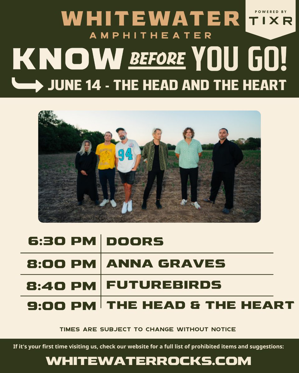 WhitewaterRocks's tweet image. 🎤@headandtheheart with @Futurebirds and @annagravesmusic are coming to Whitewater this Saturday!
Need tickets? Get 'em at whitewaterrocks.com
🎟️Have your tickets pulled up in your Tixr account and ready to be scanned before you get here
👀 If it's your first time visiting…