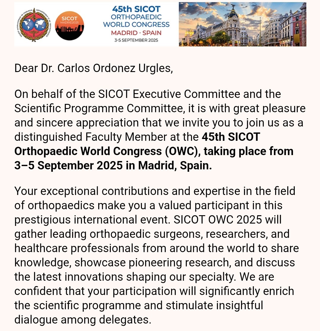 Carlos Ordóñez (@ce_ou) on Twitter photo Grateful and flattered by the invitation to such a prestigious congress with such high-level professionals #Trauma #Orthopedics #SICOT Grateful and flattered by the invitation to such a prestigious congress with such high-level professionals #Trauma #Orthopedics #SICOT