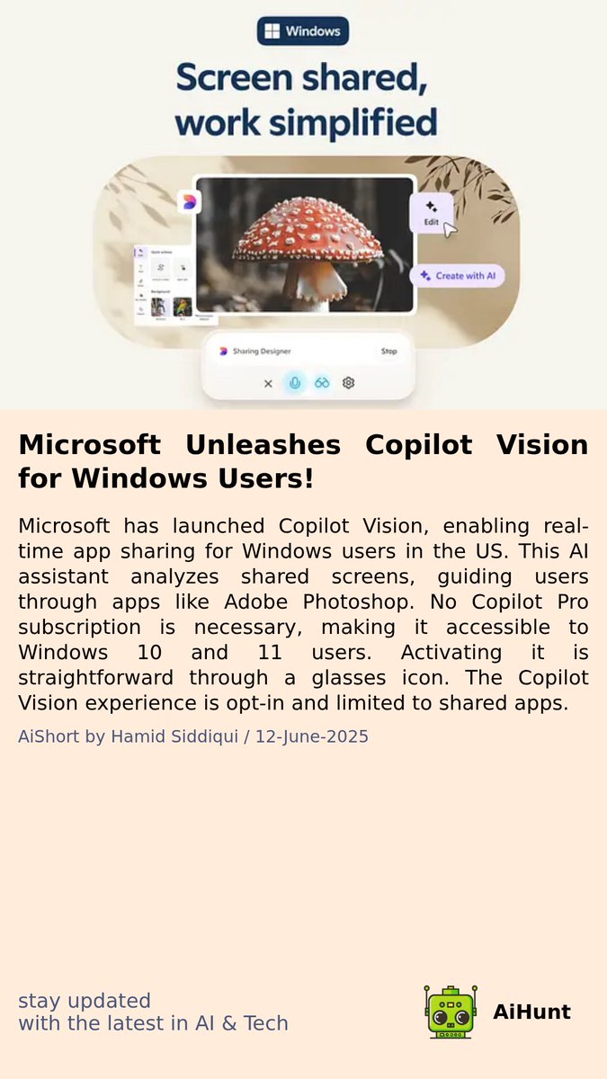 aihuntapp's tweet image. 🚀 Big news for Windows users! A new AI assistant is changing the way we share screens and navigate apps. 🎨👀 Curious? The best part? No subscription needed! Get ready to enhance your workflow like never before! Stay tuned! #WindowsAI #TechInnovation