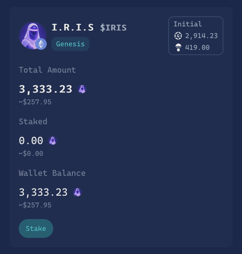 TWDTim's tweet image. For anyone interested in how much $IRIS I got is 3333 tokens and I’m loving the new UI update @virtuals_io thank you for putting in the effort!!!

Initial - 2914
Airdrop - 419 (dang it almost 420) as a @CannaSapiensNFT I needed 420 haha 

This is only 2 days of $Vader points haha…