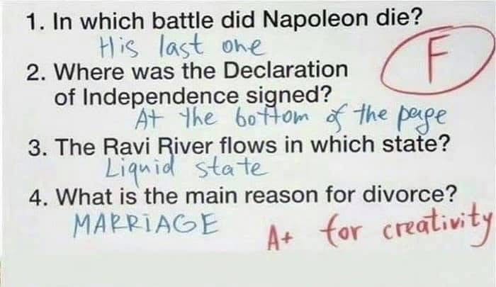 The kid's not wrong; except Napolean didn't die in battle.