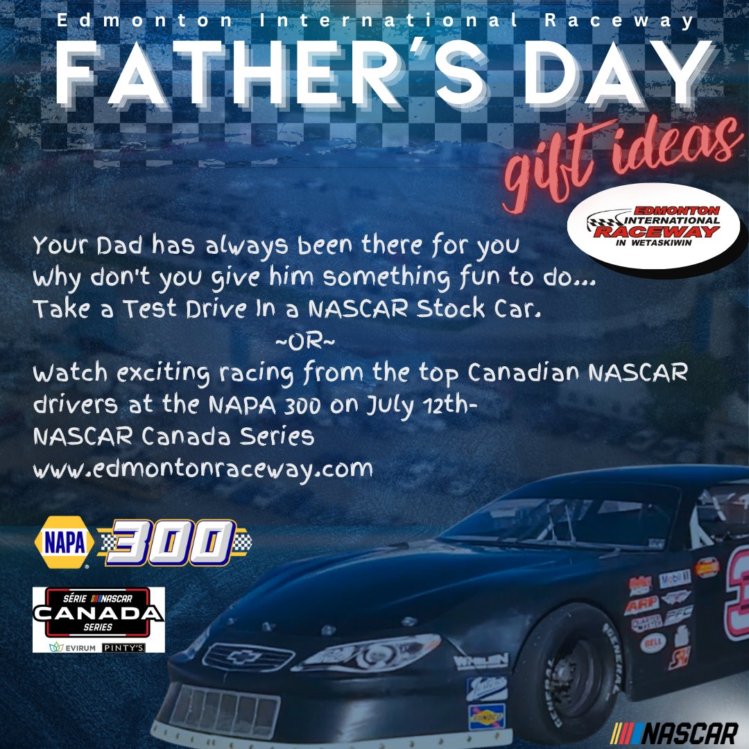 Thinking of a last minute gift idea for Father's Day.  Check out our NASCAR Stock Car Test Drive Package or Tickets to our upcoming NASCAR Canada NAPA 300 on July 12th.
Full details at edmontonraceway.com
#lastminutegitideas #fatherdaygiftideas #DAD2025 #yegevents #yycevents