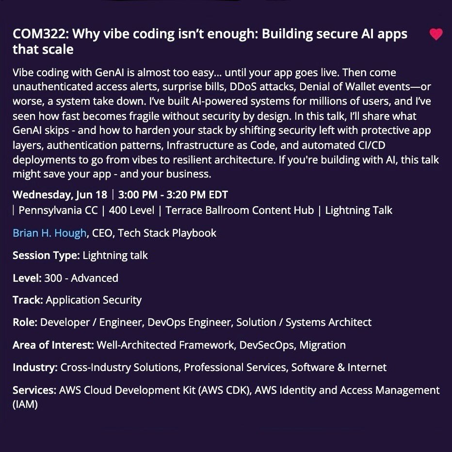 Brian H. Hough (@brianhhough) on Twitter photo Vibe coding works⦠until it doesnāt ā ļøāļø
Unauthorized access
DDoS
Huge bills
Systems down
GenAIās āOut of Tokensā
Supportās MIA
And app is melting
At <a href="/awscloud/">Amazon Web Services</a> re:Inforce, Iāll show you how to turn vibes into production for millions of users.
#AWSreinforce #GenAI #VibeCoding Vibe coding works⦠until it doesnāt ā ļøāļø
Unauthorized access
DDoS
Huge bills
Systems down
GenAIās āOut of Tokensā
Supportās MIA
And app is melting
At <a href="/awscloud/">Amazon Web Services</a> re:Inforce, Iāll show you how to turn vibes into production for millions of users.
#AWSreinforce #GenAI #VibeCoding