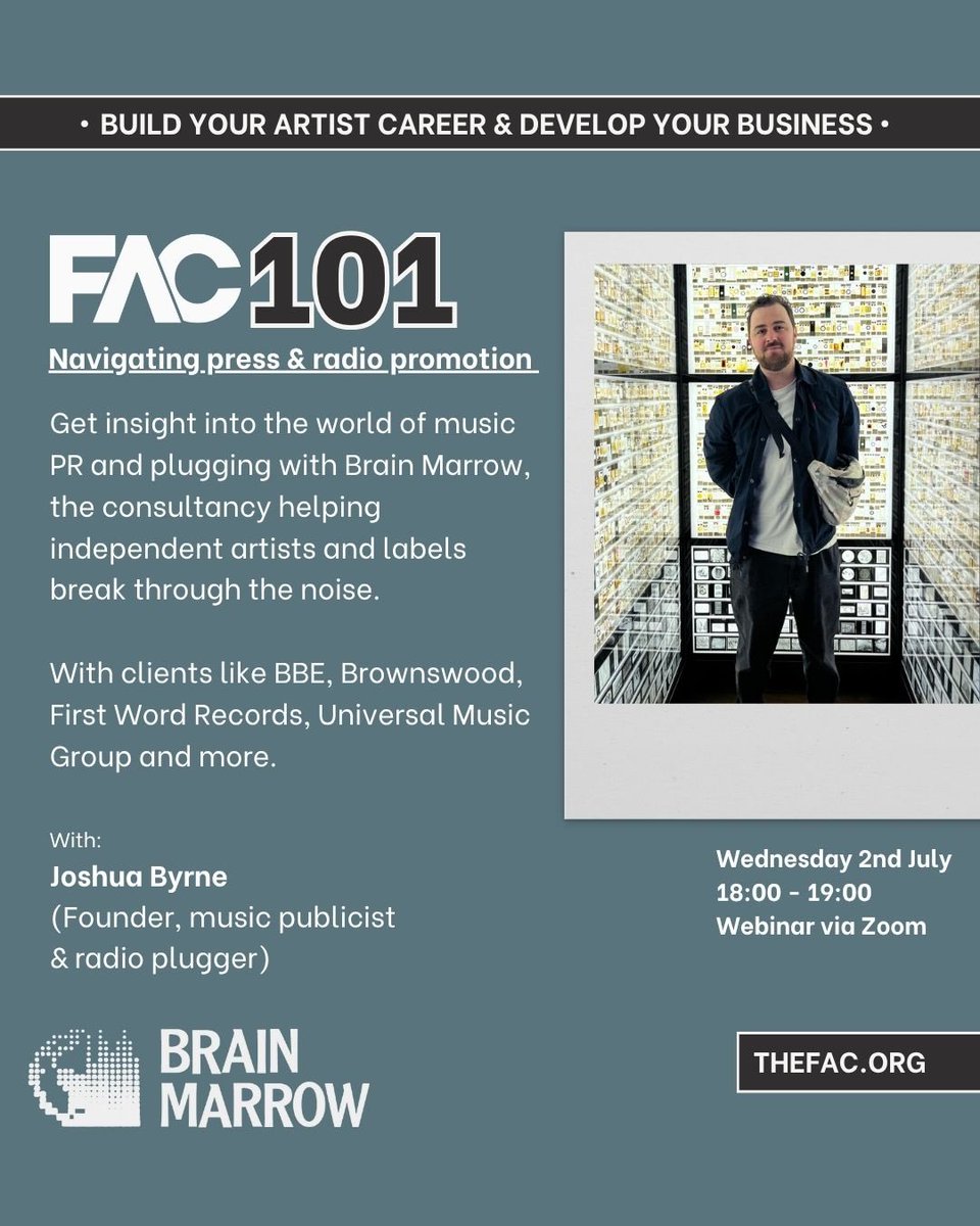 The FAC (@featuredartists) on Twitter photo FAC 101 🔎 Navigating PR, marketing and radio plugging with <a href="/BrainMarrow_/">Josh Byrne</a>
Find out everything you need to know about Brain Marrow, the consultancy helping independent artists and labels break through the noise.
This event is free for FAC PRO Members FAC 101 🔎 Navigating PR, marketing and radio plugging with <a href="/BrainMarrow_/">Josh Byrne</a>
Find out everything you need to know about Brain Marrow, the consultancy helping independent artists and labels break through the noise.
This event is free for FAC PRO Members