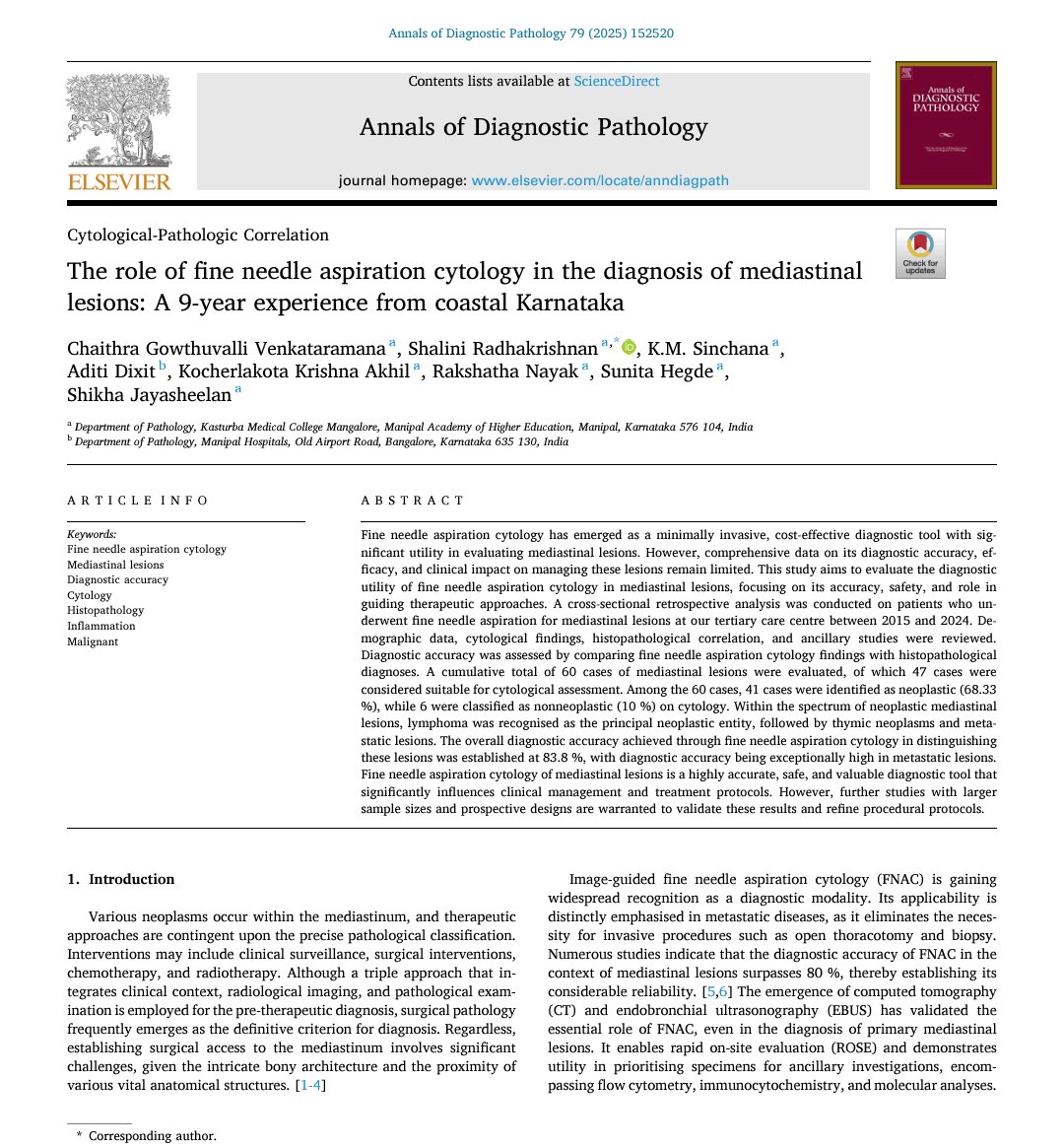 Hot off press on Annals of Diagnostic Pathology regarding correlation between FNA &amp; CNBs in diagnosing mediastinal lesions.
• Diagnostic accuracy: 83.8%
• High yield in metastases
• Reduced in lymphomas/GCTs doi.org/10.1016/j.annd…
#Cytopathology #PathTwitter
<a href="/KMC_Mangalore/">KMC Mangalore</a>