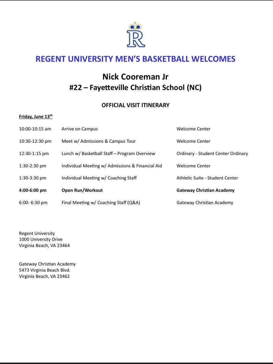nickcooremanjr's tweet image. Thank you @CoachHollenbeck for inviting me to a campus visit, can’t wait to meet you and the coaching staff and have a great time! @RegentMensBkb
@KevinMoses38 @peopleschamp917 @JasonMoore75734