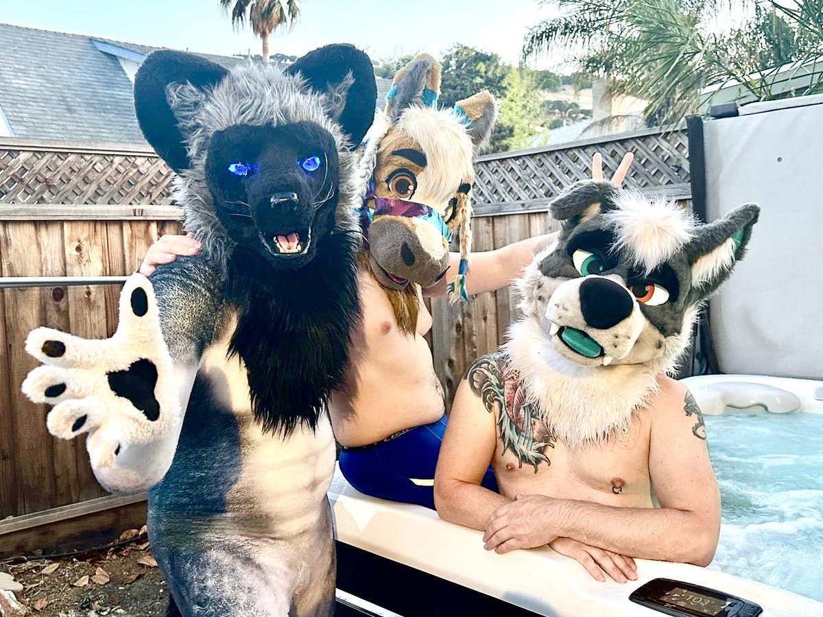 More pics by Varek Wolf (varekmorro.bsky.social) at Trigger and Bill Trail Horse’s party last Saturday night. Hot tubbing and dancing with DJs in the garage!