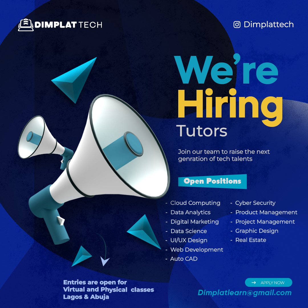 Dimplattech's tweet image. 🚀 We're Hiring at Dimplat Tech! 
Are you ready to take your tech career to the next level? Join a team where innovation meets impact.
Ready to join us?
Send your CV and portfolio to dimplatlearn@gmail.com 
#DimplatTech #WeAreHiring #TechCareers #JoinOurTeam #NowHiring #TechJobs