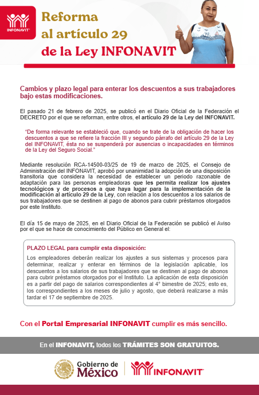El día de hoy mi representada recibió un correo del <a href="/Infonavit/">Infonavit</a> sobre una reforma al artículo 29 de la Ley del Infonavit, publicada el 21 de febrero de 2025, que modifica las reglas para hacer descuentos a los salarios de los trabajadores para el pago de créditos del Infonavit. 🧵