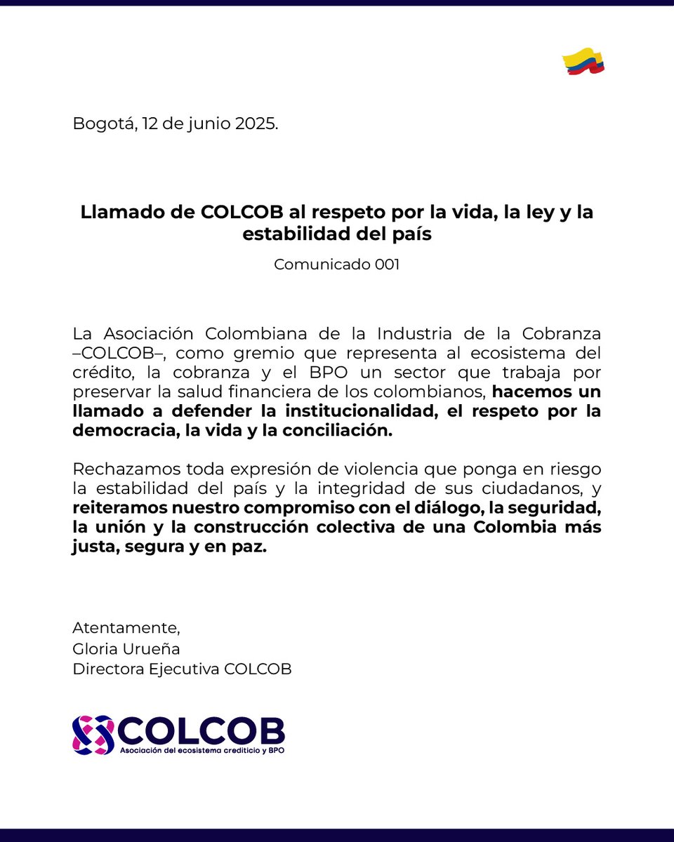 📢 Desde COLCOB reafirmamos nuestro compromiso con el respeto por la democracia, la institucionalidad y la vida.

 Hoy más que nunca, el país necesita diálogo, legalidad y unión.

 #COLCOB #Democracia #Institucionalidad