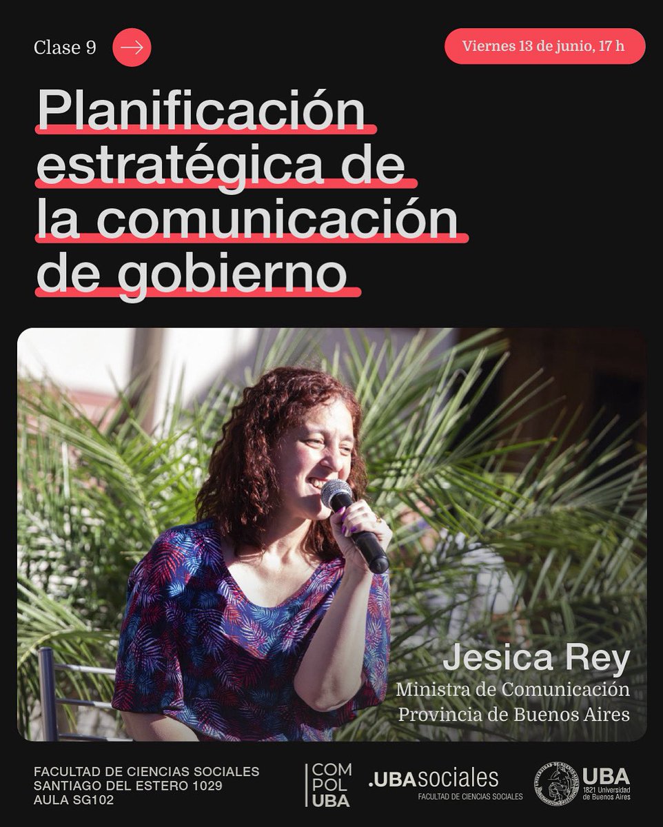 🗣️ COMUNICACIÓN GUBERNAMENTAL 
 
Nos volvemos a encontrar este viernes para aprender de planificación estratégica en la comunicación de gobierno junto a Jesica Rey, Ministra de Comunicación de la Provincia de Buenos Aires. 

📆 13/6
🕣 17 hs.
📍 SG 102