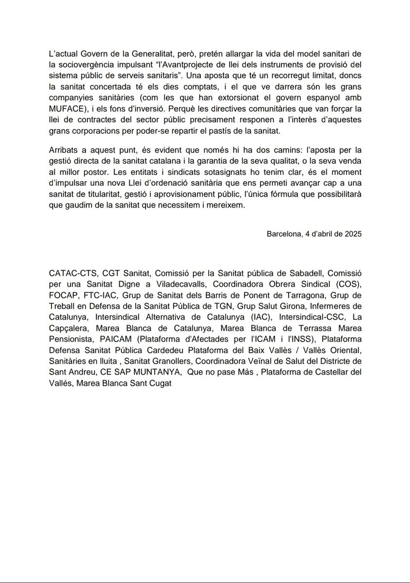 Manifest signat per més de 30 entitats i sindicats combatius, presentat avui en roda de premsa.
"Ja hem vist com ens va deixar que aquests fons voltor juguin amb l’habitatge, hem de decidir si volem que també juguin amb la nostra salut."