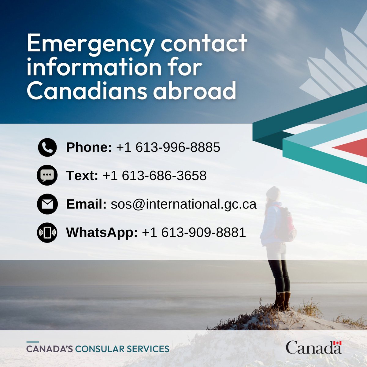 If you’re travelling outside Canada, our consular officers are available to assist you in case of emergency. Don’t forget to register with the Registration of Canadians Abroad service.

Check out our Travel Advice for important information.