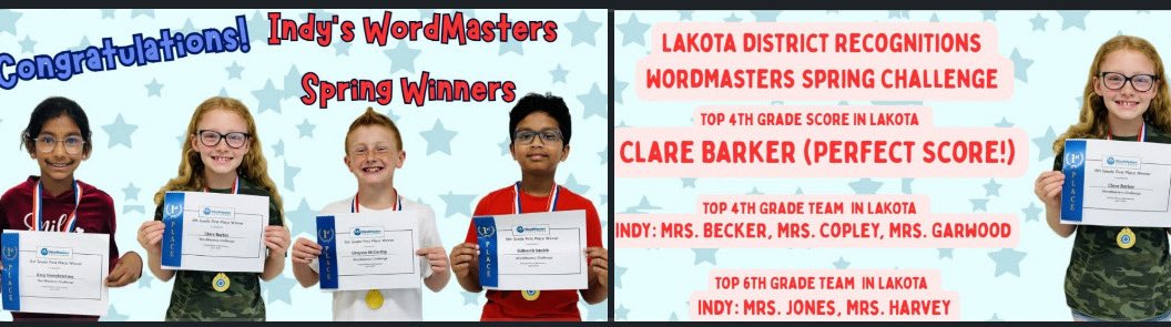In April ELA Plus students and 6th grade Advanced ELA students participated in a vocab enrichment contest called the WordMasters Challenge, which is a national competition for students that encourages growth in vocabulary and verbal reasoning.👏🏼CONGRATS to our Indy and Lakota🏆s!