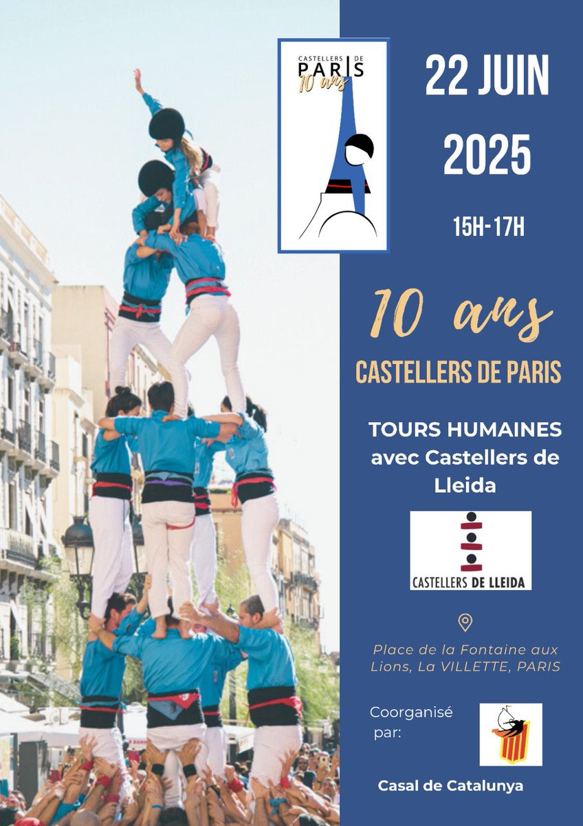 Castellers de Paris (@geperuts) on Twitter photo Le dimanche 22 Juin à 15h à la Place de la Fontaine aux Lions de la Villette, nous fêterons notre 10ème anniversaire avec nos parrains <a href="/CdLleida/">Castellers de Lleida</a> ! 🎂
N'hésitez pas à venir voir nos "castells" (tours humaines) et participer à cet évènement très spécial ! 😍
#EnsemblePlusHaut Le dimanche 22 Juin à 15h à la Place de la Fontaine aux Lions de la Villette, nous fêterons notre 10ème anniversaire avec nos parrains <a href="/CdLleida/">Castellers de Lleida</a> ! 🎂
N'hésitez pas à venir voir nos "castells" (tours humaines) et participer à cet évènement très spécial ! 😍
#EnsemblePlusHaut