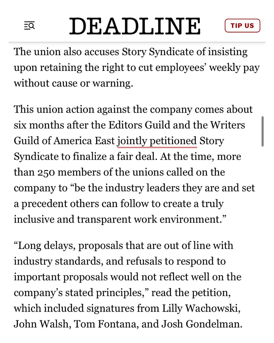 IATSE // #IASolidarity (@iatse) on Twitter photo Story Syndicate workers won union recognition nearly two years ago. But these <a href="/MPEG700/">Motion Picture Editors Guild - Local 700</a> members still don’t have a fair contract!
We stand with these workers at Tribeca demanding respect, security, and wages that reflect their value.
Article via <a href="/DEADLINE/">Deadline</a> Story Syndicate workers won union recognition nearly two years ago. But these <a href="/MPEG700/">Motion Picture Editors Guild - Local 700</a> members still don’t have a fair contract!
We stand with these workers at Tribeca demanding respect, security, and wages that reflect their value.
Article via <a href="/DEADLINE/">Deadline</a>