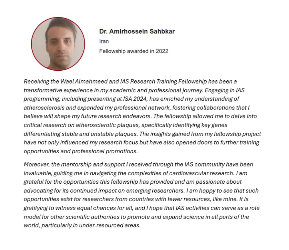 International Atherosclerosis Society (IAS) (@atherosociety) on Twitter photo Former Wael fellowship winner Amirhossein Sahbkar, MD, shares his experience from the program in 2022.
"The mentorship and support I received through the IAS community have been invaluable, guiding me in navigating the complexities of cardiovascular research."
#DYK? Selected Former Wael fellowship winner Amirhossein Sahbkar, MD, shares his experience from the program in 2022.
"The mentorship and support I received through the IAS community have been invaluable, guiding me in navigating the complexities of cardiovascular research."
#DYK? Selected