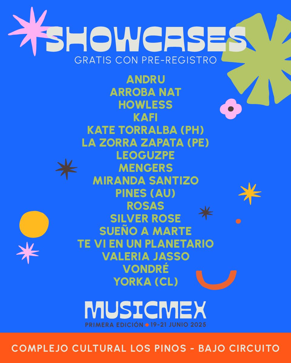 ¡Nos complace  mucho anunciar el lineup completo de artistas que se presentarán en los showcases de MUSICMEX 2025! Recuerda hacer tu pre-registro gratuito  para poder acceder a todos los shows. 

Horarios muy pronto en musicmex.com ☀️🎶