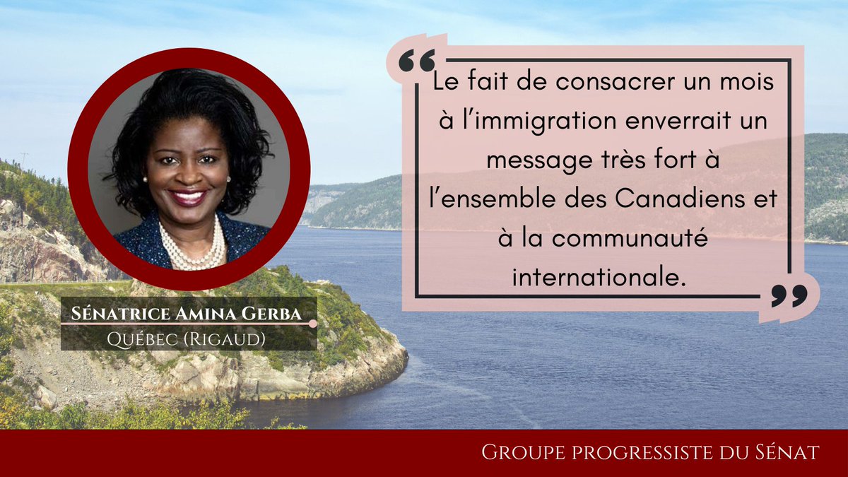 Les progressistes (@prog_senat) on Twitter photo La semaine dernière, la sénatrice <a href="/amigerba/">Sénatrice Amina GERBA, M.B.A., C.Q.🇨🇦</a> a lancé le débat à l'étape de la 2e lecture de son projet de loi S-215, Loi instituant le Mois national de l’immigration. Lisez/regardez son discours ici : theprogressives.ca/fr/au-senat/di…
#polcan La semaine dernière, la sénatrice <a href="/amigerba/">Sénatrice Amina GERBA, M.B.A., C.Q.🇨🇦</a> a lancé le débat à l'étape de la 2e lecture de son projet de loi S-215, Loi instituant le Mois national de l’immigration. Lisez/regardez son discours ici : theprogressives.ca/fr/au-senat/di…
#polcan