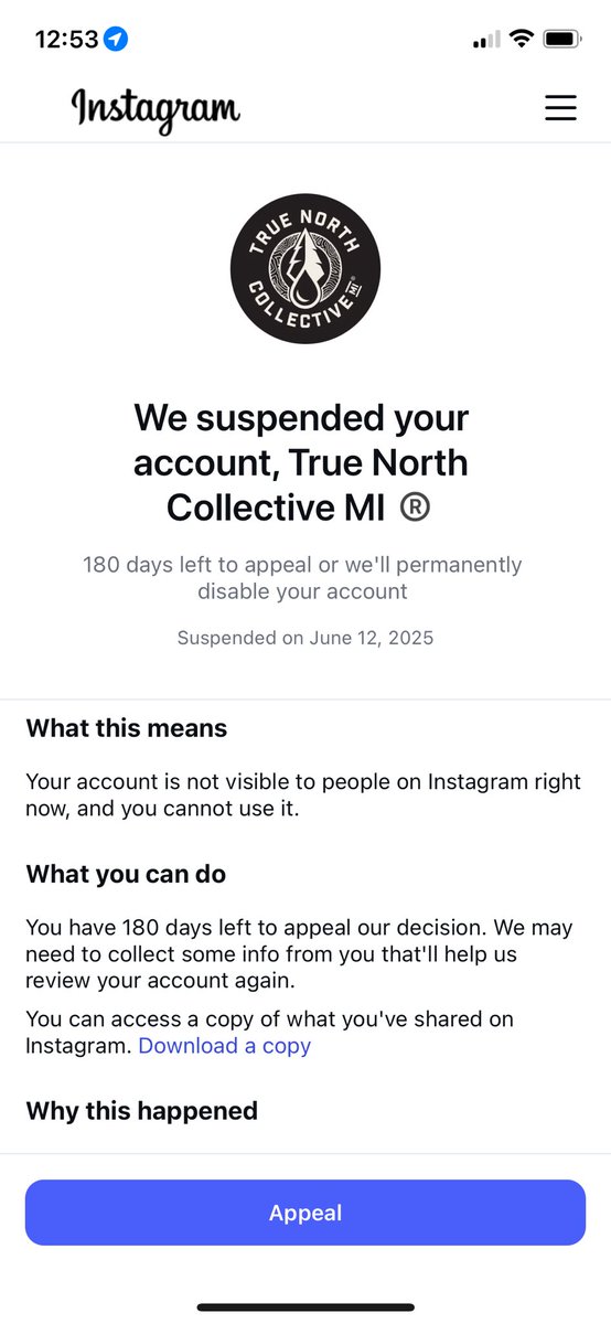 TrueNorthMI_'s tweet photo. Zuck and his crew got us…. AGAIN.. 

If our appeal doesn’t go through then it’s time to say bye to this sad excuse of a platform and turn to X and Reddit. 

@Meta < @X https://t.co/vxuD8L3GFZ