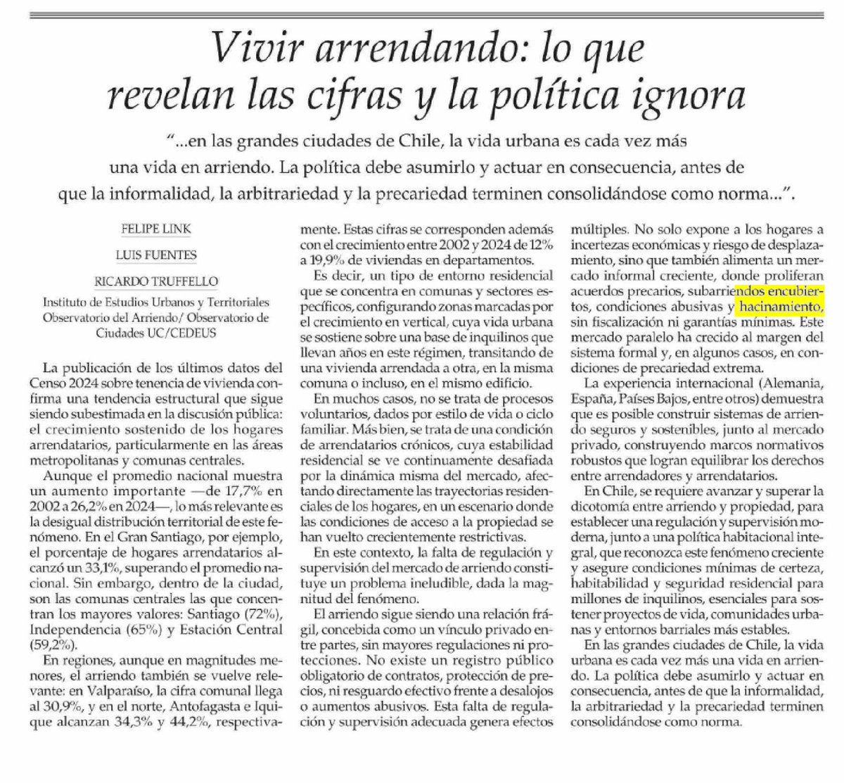 TECHO-Chile (@techochile) on Twitter photo "La falta de regulación y supervisión del mercado de arriendo constituye un problema ineludible", alertan nuestros colegas del <a href="/IEU_T/">Instituto de Estudios Urbanos y Territoriales UC</a>. En Chile, arrendar sigue siendo una "relación frágil", sin regulaciones ni protección. "La falta de regulación y supervisión del mercado de arriendo constituye un problema ineludible", alertan nuestros colegas del <a href="/IEU_T/">Instituto de Estudios Urbanos y Territoriales UC</a>. En Chile, arrendar sigue siendo una "relación frágil", sin regulaciones ni protección.
