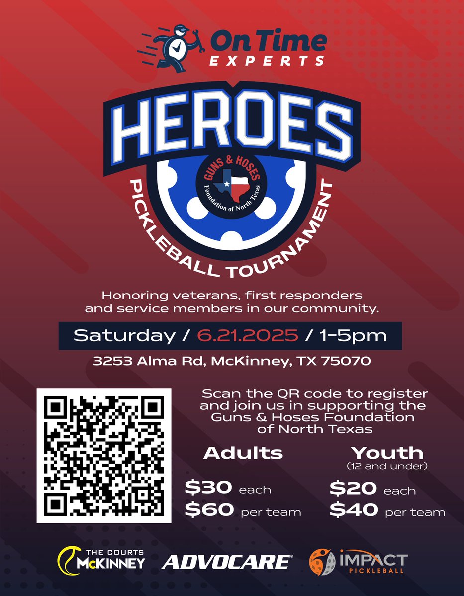 Join us for an afternoon of pickleball fun and supporting Guns and Hoses! Register to play!  swishtournaments.com/product/heroes…