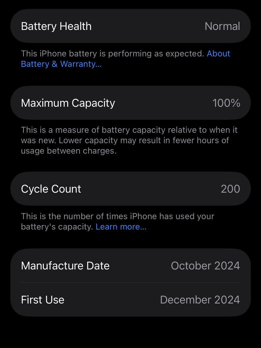 200 cycles and still at 100% battery capacity.

iPhone 16 Pro’s battery is awesome!