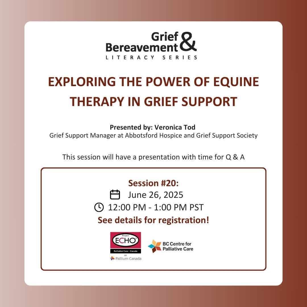 BC Centre for Palliative Care (@bcc4pc) on Twitter photo Join Veronica Tod, <a href="/AbbyHospice/">Abbotsford Hospice & Grief Support Society</a>, as she shares her knowledge about using activities with horses to support those on grieving journeys.
Register: echo.zoom.us/meeting/regist…
#GriefLiteracy #EquineTherapy #ECHOpalliativeBC Join Veronica Tod, <a href="/AbbyHospice/">Abbotsford Hospice & Grief Support Society</a>, as she shares her knowledge about using activities with horses to support those on grieving journeys.
Register: echo.zoom.us/meeting/regist…
#GriefLiteracy #EquineTherapy #ECHOpalliativeBC