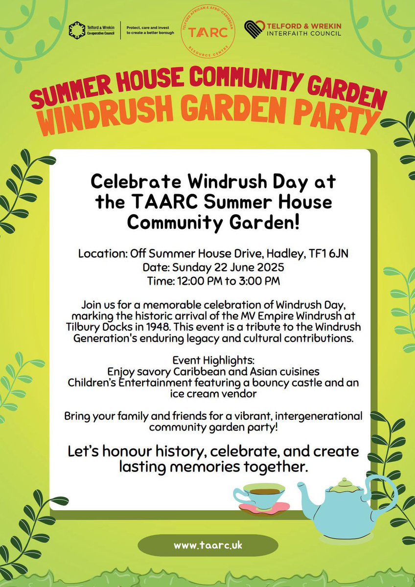 Summer House Community Garden
#windrush Garden Party

 🏠 TF1 6JN
📅 22 June 
🕰️ 12-3pm

Everyone welcome 

Let’s make special memories together 

For more information contact <a href="/TAARCuk/">TAARC</a>
