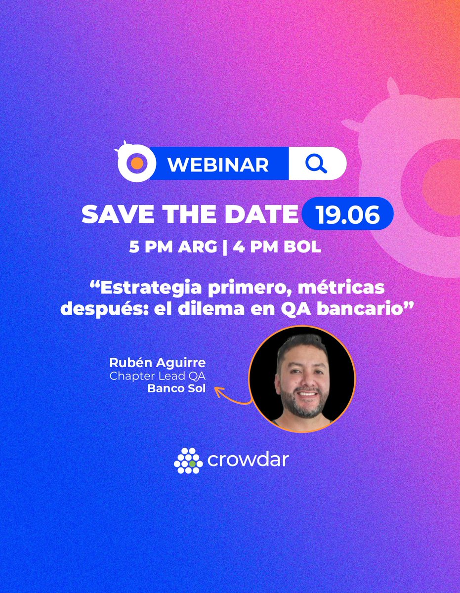 Súmate a este nuevo episodio y descubre cómo alinear tu estrategia de #QA a los objetivos del negocio en #banca y #fintech.

🏦📊 Ideal para quienes trabajan en entornos exigentes y buscan maximizar el valor de sus métricas.

Regístrate: forms.gle/wKg9jfp9YNE58Y…

#webinar #Crowdar