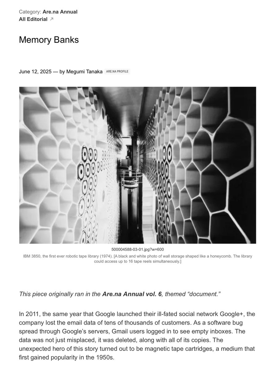 New on **Editorial

Megumi Tanaka reminds us that the cloud is very much a material thing with a deep dive into magnetic tape, the unlikely backbone of data storage