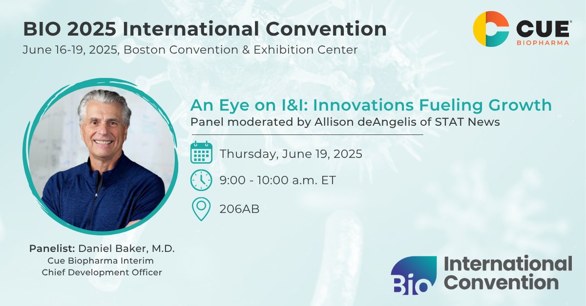 Cue Biopharma (@cuebiopharma) on Twitter photo Breakthroughs in immunology & inflammation have made I&I one of biotech’s fastest-growing fields. Our interim CDO, Daniel Baker, M.D., will join <a href="/IAmBiotech/">Biotechnology Innovation Organization</a>’s #BIO2025 International Convention for a panel on key aspects driving this growth. For details: bit.ly/3HCboRf Breakthroughs in immunology & inflammation have made I&I one of biotech’s fastest-growing fields. Our interim CDO, Daniel Baker, M.D., will join <a href="/IAmBiotech/">Biotechnology Innovation Organization</a>’s #BIO2025 International Convention for a panel on key aspects driving this growth. For details: bit.ly/3HCboRf