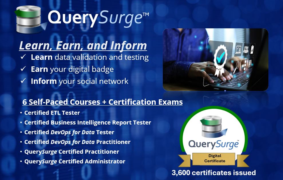 We're offering free training &amp; certs in BI report testing, #ETLtesting, and #DevOps for Data testing. Register for up to 6 exams at no cost using the code CERTJUNE25 before June 30.   #dataquality querysurge.com/certification-…
