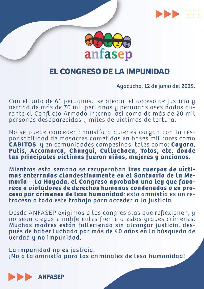 infopaispe's tweet image. #AYACUCHO ANFASEP rechaza la Ley de Amnistía aprobada por el Congreso, q favorece a los responsables de las m4sacr3s de Cayara, Accomarca, Chugui, Culluchaca y Totos, donde fueron asesinados + de 70 mil peruanos, incluidos niños, mujeres y ancianos. Exige justicia y no impunidad.