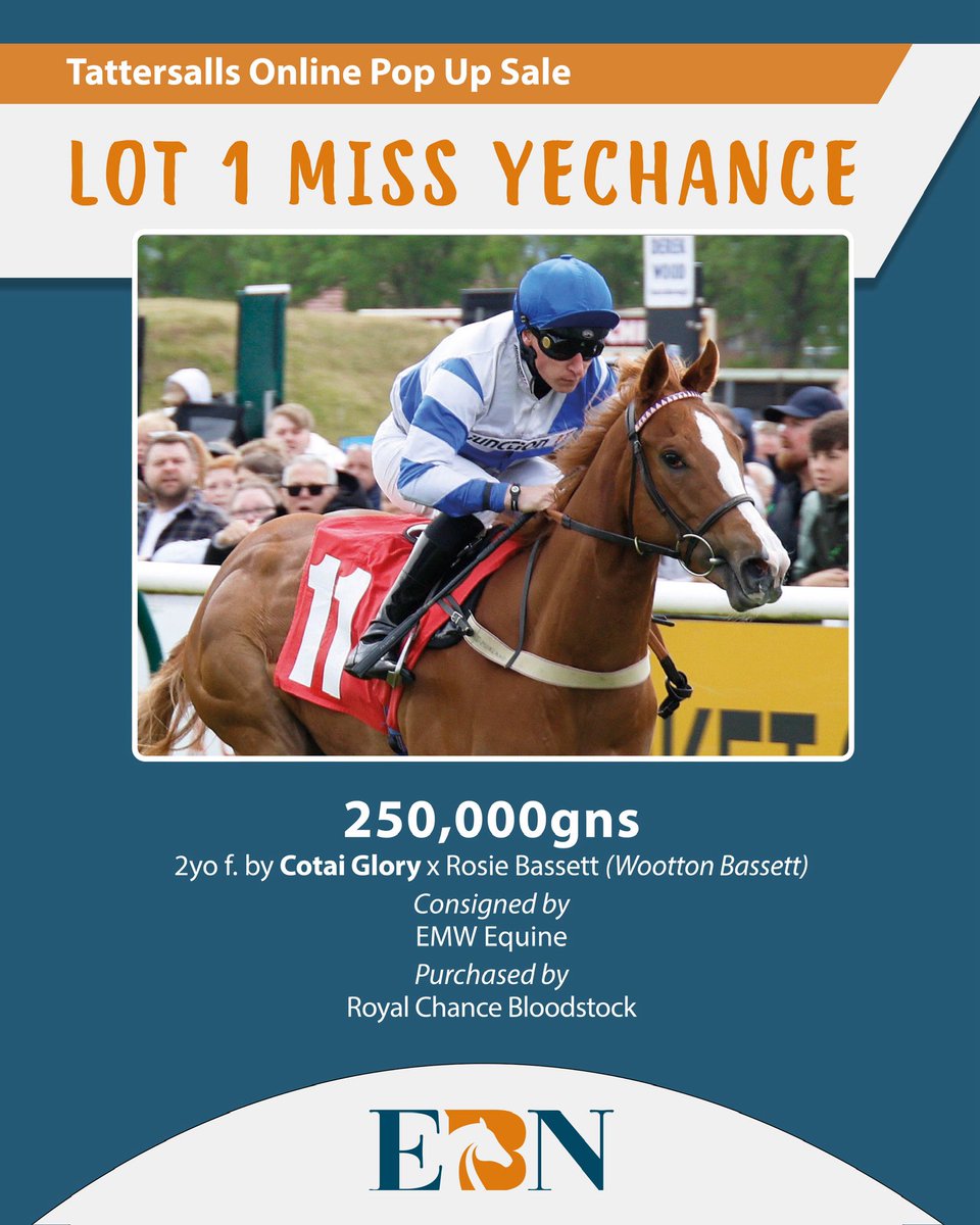 EBN (@bloodstocknews) on Twitter photo 250,000gns for MISS YECHANCE at the <a href="/tatts_online/">Tattersalls Online</a> June Pop Up Sale ๐ซ
The 2yo daughter of Cotai Glory (<a href="/HoStud/">Tally-Ho Stud</a>) was secured by Royal Chance Bloodstock from <a href="/EquineWc/">EMW Equine</a>.
A debut winner over 5f, she was sold with entries in both the Group 2 Queen Mary Stakes and the Listed 250,000gns for MISS YECHANCE at the <a href="/tatts_online/">Tattersalls Online</a> June Pop Up Sale ๐ซ
The 2yo daughter of Cotai Glory (<a href="/HoStud/">Tally-Ho Stud</a>) was secured by Royal Chance Bloodstock from <a href="/EquineWc/">EMW Equine</a>.
A debut winner over 5f, she was sold with entries in both the Group 2 Queen Mary Stakes and the Listed