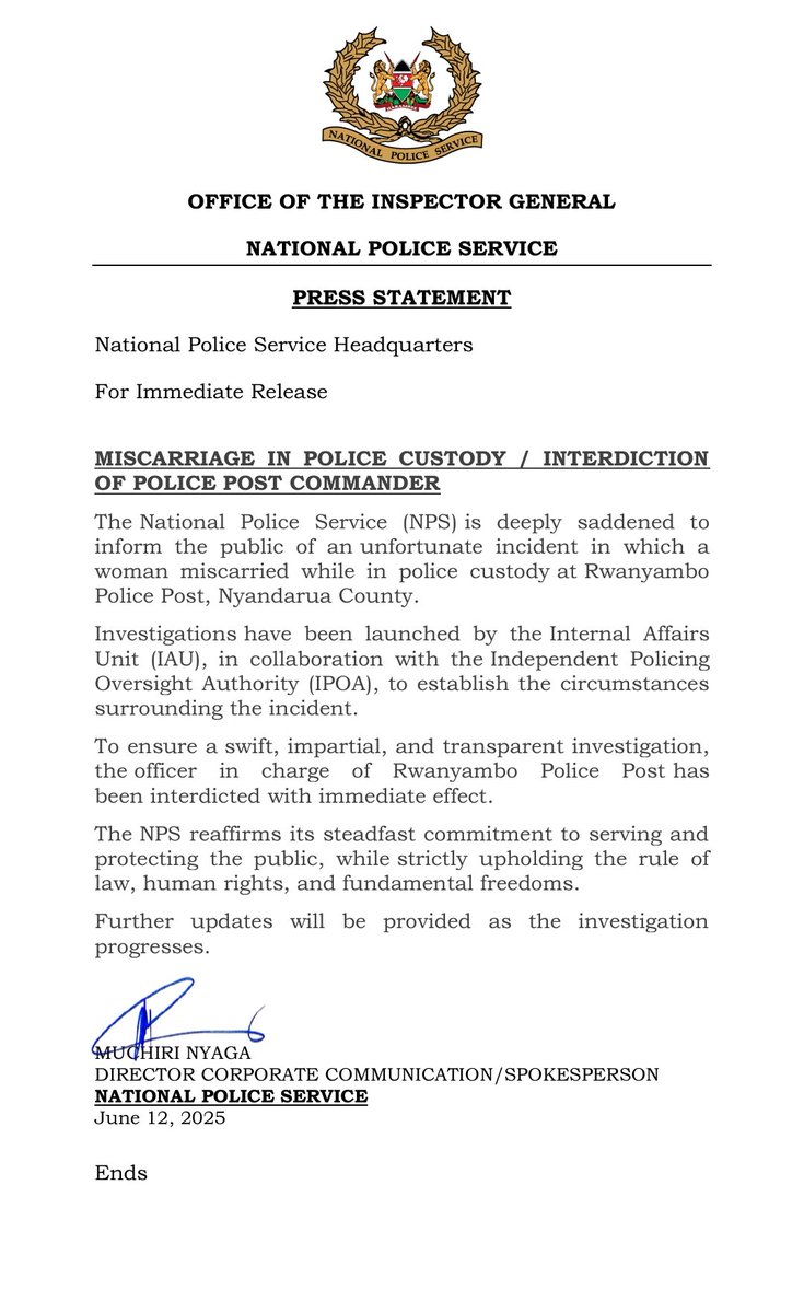 PRESS STATEMENT : MISCARRIAGE IN POLICE CUSTODY / INTERDICTION OF POLICE POST COMMANDER