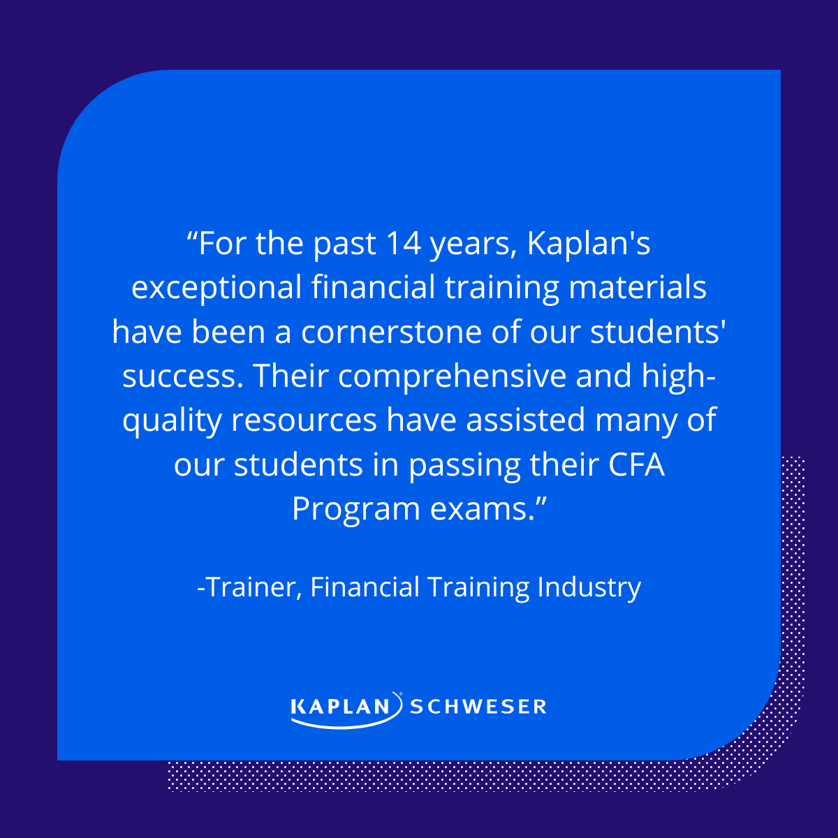 Kaplan Schweser seamlessly delivers financial education and support services that generate results and accelerate success for employees, teams, and firms. Learn more about our corporate training programs: bit.ly/3ZVhuSP