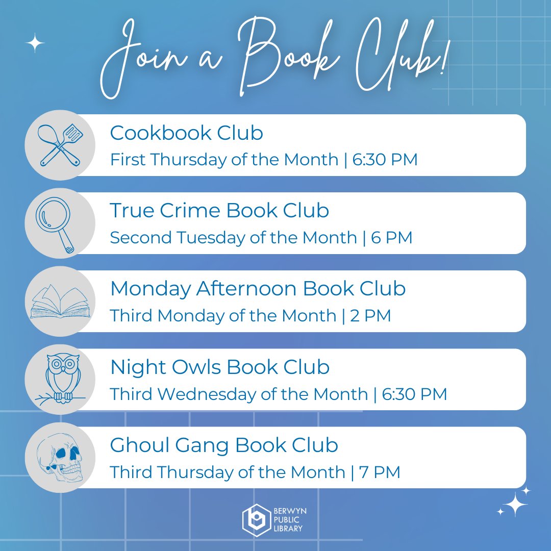 Need help completing your summer reading goals this year? Explore our variety of book clubs at the library - there's something for everyone! Click here to find out what they're reading next - we'd love for you to join us: bit.ly/BerwynPrograms #BPLibrary #BerwynReads