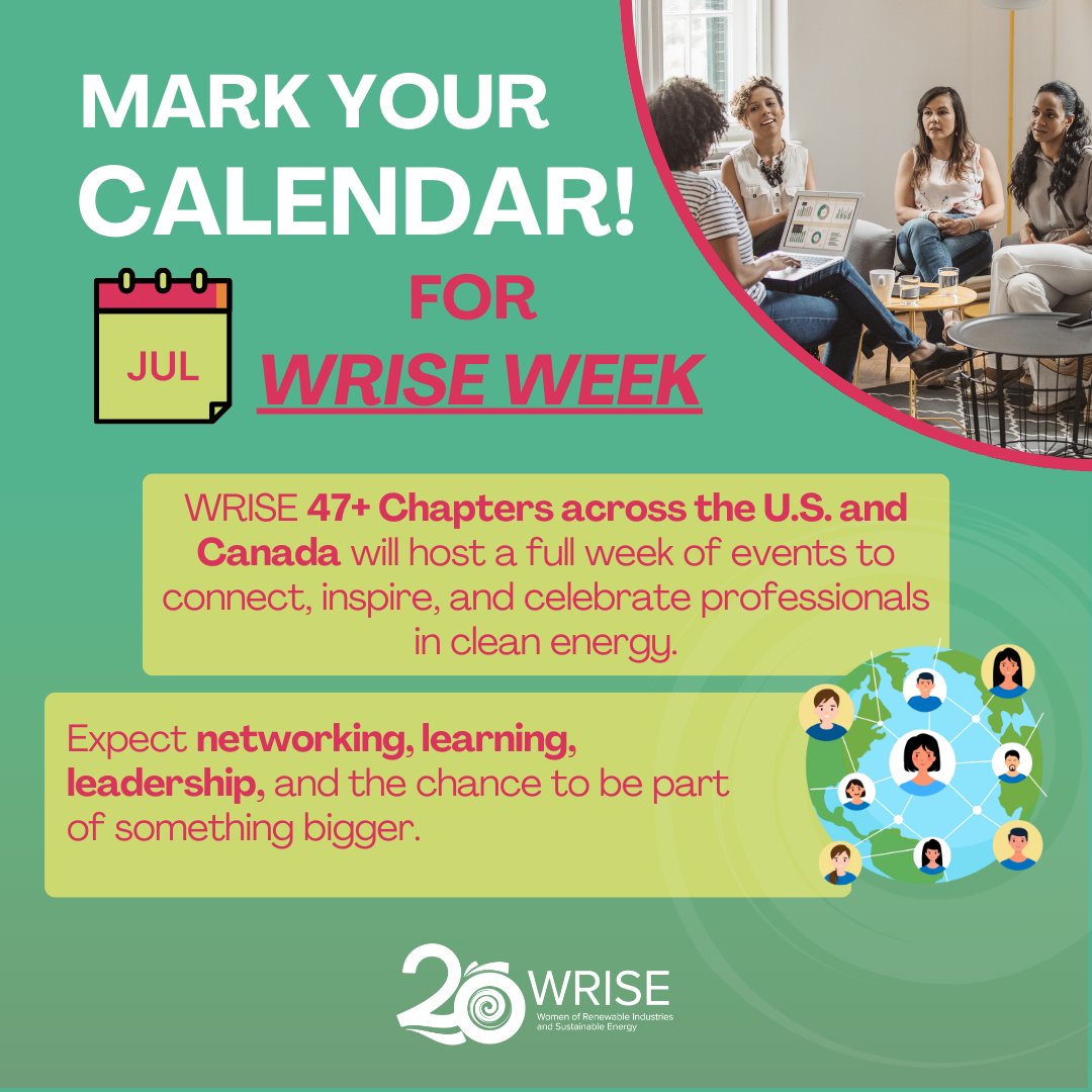 📅Mark your calendars—#WRISEWeek is just around the corner! 

Taking place this July, chapters across the U.S. and Canada will host events that connect, inspire, and empower professionals in the renewable energy industry.

🔗 Find a chapter near you: ow.ly/QuSf50VWKYP