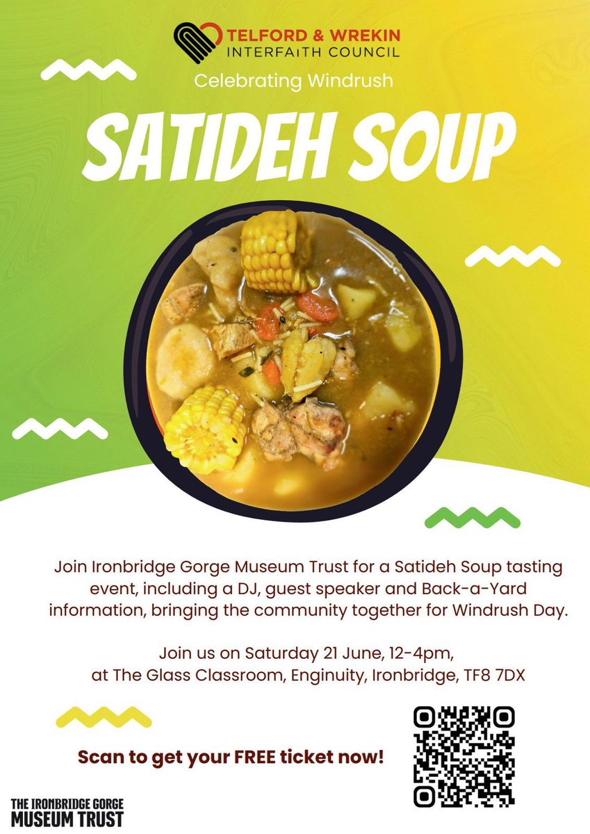 Celebrate #windrush with us 

Satideh Soup tasting event at Enginuity, Ironbridge 

🏠 TF8 7DX
📅 21 June 
🕰️ 12-4pm

Everyone welcome

Scan the code below to get your free ticket  

See you there!