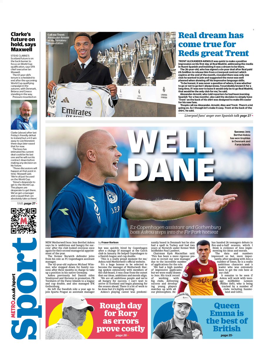 Friday's back page  
                              
WELL DANE  

Ex-Copenhagen assistant and Gothenburg boss Askou steps into the Fir Park hotseat   

#TomorrowsPapersToday #scotpapers #skypapers #BBCPapers #scottishfootball