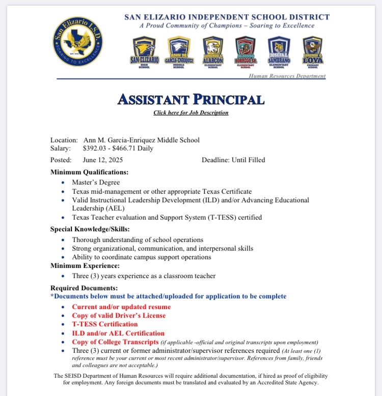 💎🦅🏆 are hiring! Join our dynamic and inclusive middle school as Assistant Principal!  If you’re passionate about student growth and building champion scholars, we want to hear from you! Apply today and soar tomorrow @SEISD #NowHiring 
#CommunityofChampions #LeadershipMatters