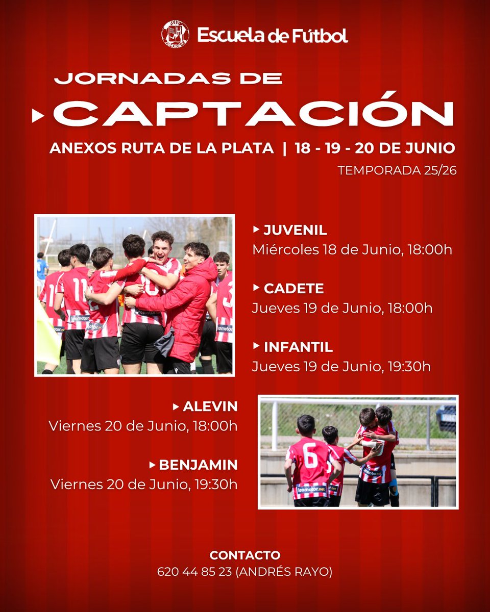 ⚽️ 𝗝𝗢𝗥𝗡𝗔𝗗𝗔𝗦 𝗗𝗘 𝗖𝗔𝗣𝗧𝗔𝗖𝗜𝗢𝗡 |

¿Quieres formar parte del Zamora Club de Fútbol? 

🗓️ La semana que viene podrás asistir a nuestras capacitaciones desde Juveniles hasta Benjamines.

📲 Confirma tu asistencia: 620 44 85 23 (Andrés Rayo)

#EscuelaZCF #CaptacionZCF