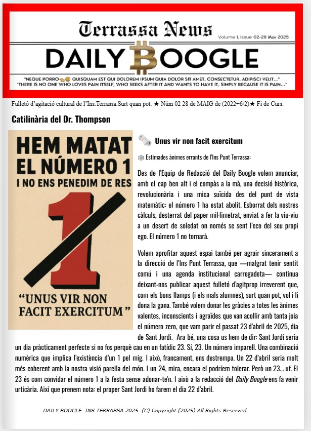 Ja tenim el número 2 del DAILY BOOGLE!
Els redactors d'aquesta publicació tan nostra s'han posat a treballar de valent, i ens presenten el segon exemplar de la revista, que cada vegada es fa més i més interessant. Aquí teniu l'enllaç:
heyzine.com/flip-book/01e7…

#institutdeterrassa
