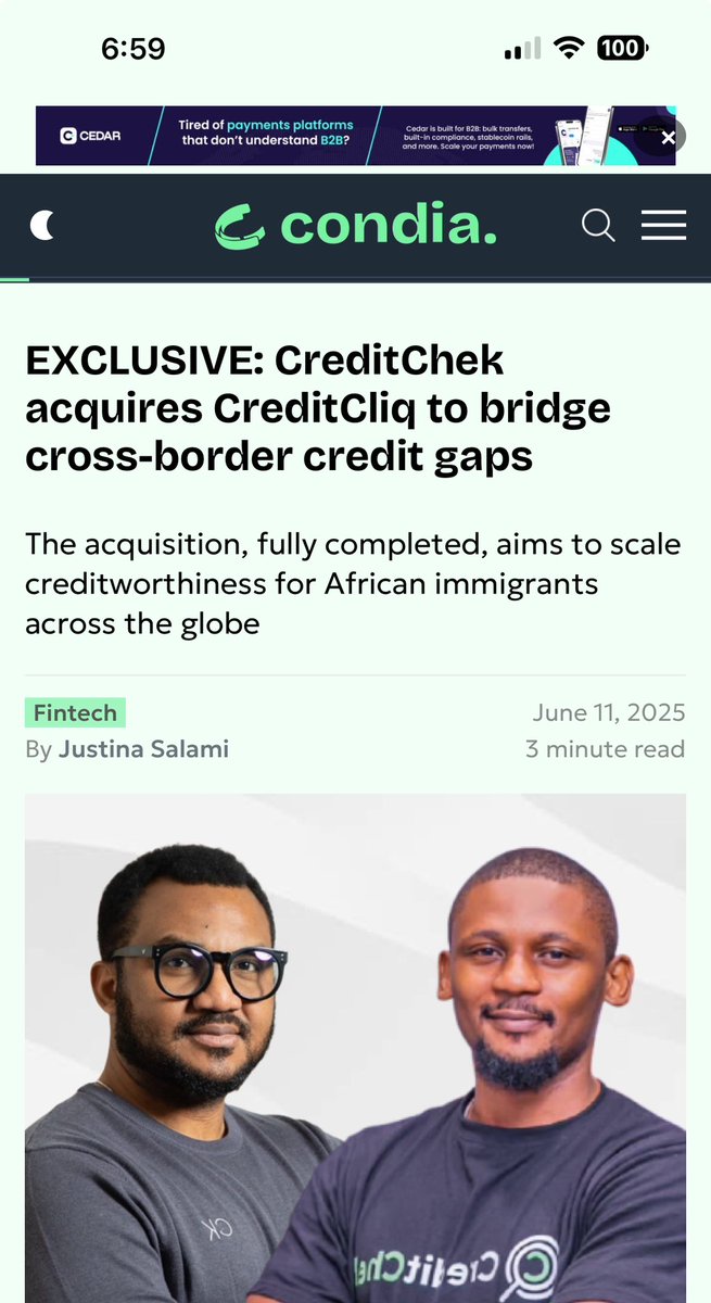 <a href="/CreditCliq/">Credit Cliq</a> was born from our personal journey as global citizens, driven by the need to make cross-border financial more inclusive. 

Today, we’re proud to pass the baton to <a href="/Creditchek_hq/">Creditchek</a>  a team that shares our values and brings commitment to take this mission even further.